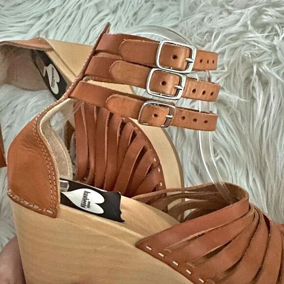 SWEDISH HASBEENS | Leather Sandals Clogs Wood Triple Ankle Strap | Size 40, US 9 - Picture 4 of 9